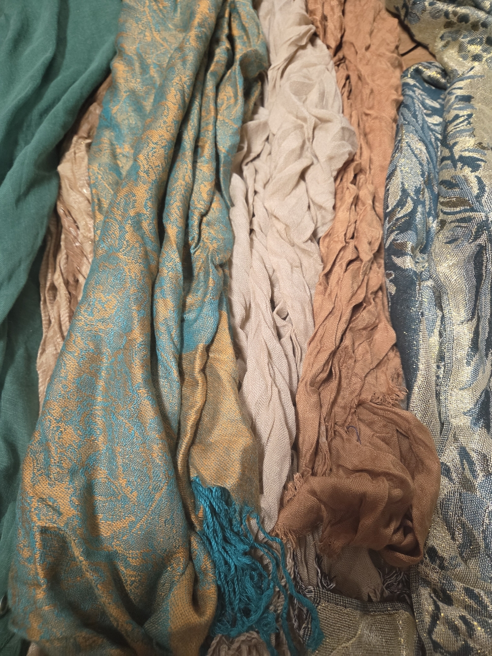 Assorted Textured Scarves in Teal, Beige & Brown